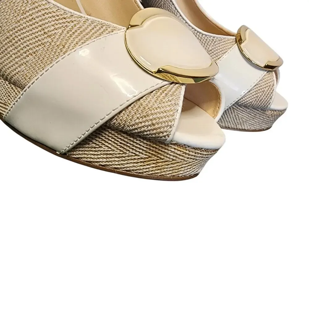 Nine West Women Shoes, Beige & Cream Fabric Print Peep Toe High Heel Pumps, 7.5M